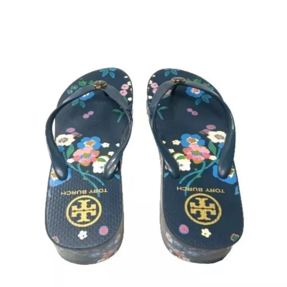 Tory Burch Floral Wedge Sandals Women's Size 8.5 Flip Flops Multicolor